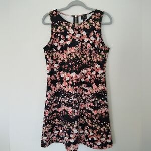 Spring Black W/ Coral Floral Sleeveless A-line Midi Dress Sz Lg Stretch